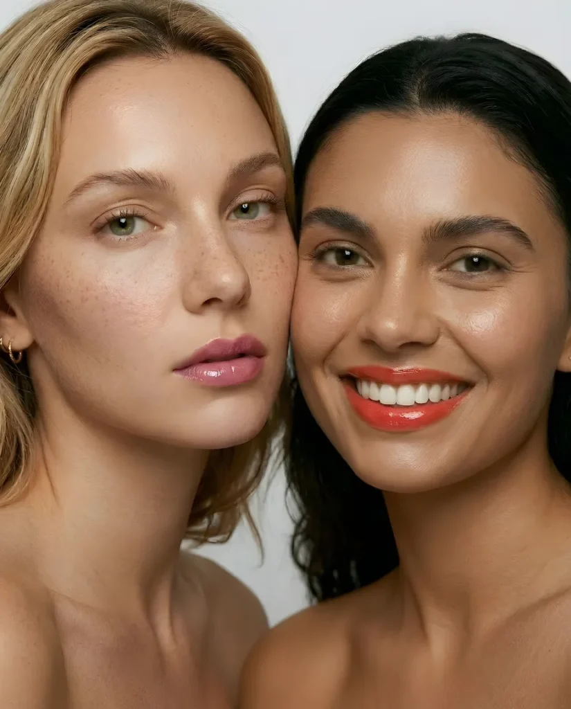 Dve modelky s leskými perami prezentujú odtiene Kaya Glow Lip Oil