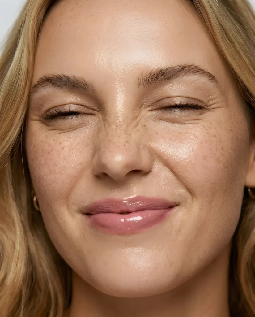 Detail modelky s prirodzeným leskom pier po aplikácii Kaya Glow Lip Oil